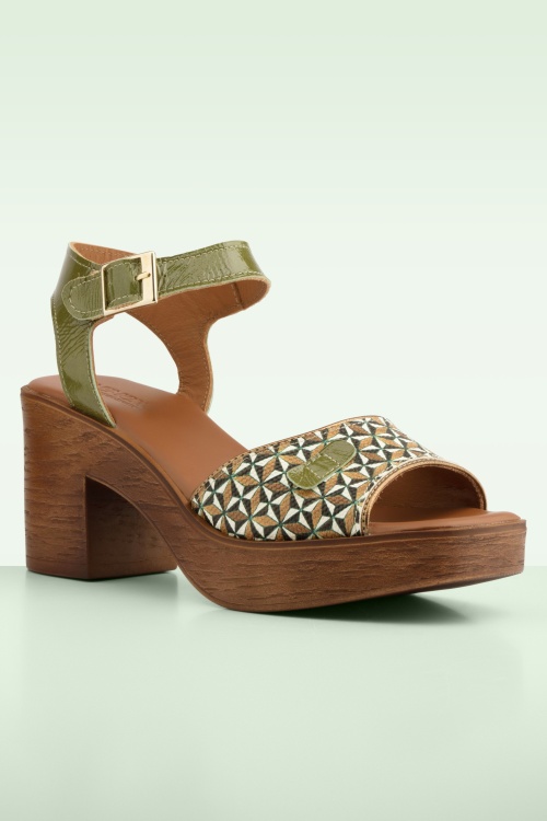 Nemonic - Attica Leather Platform sandaaltjes in olijfgroen 3