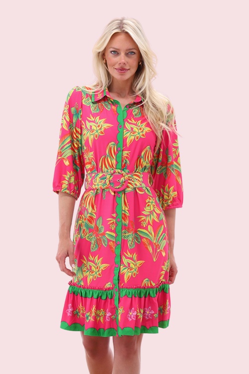 K-Design - Tropicana Paradise a-lijn jurk in neonroze en multi