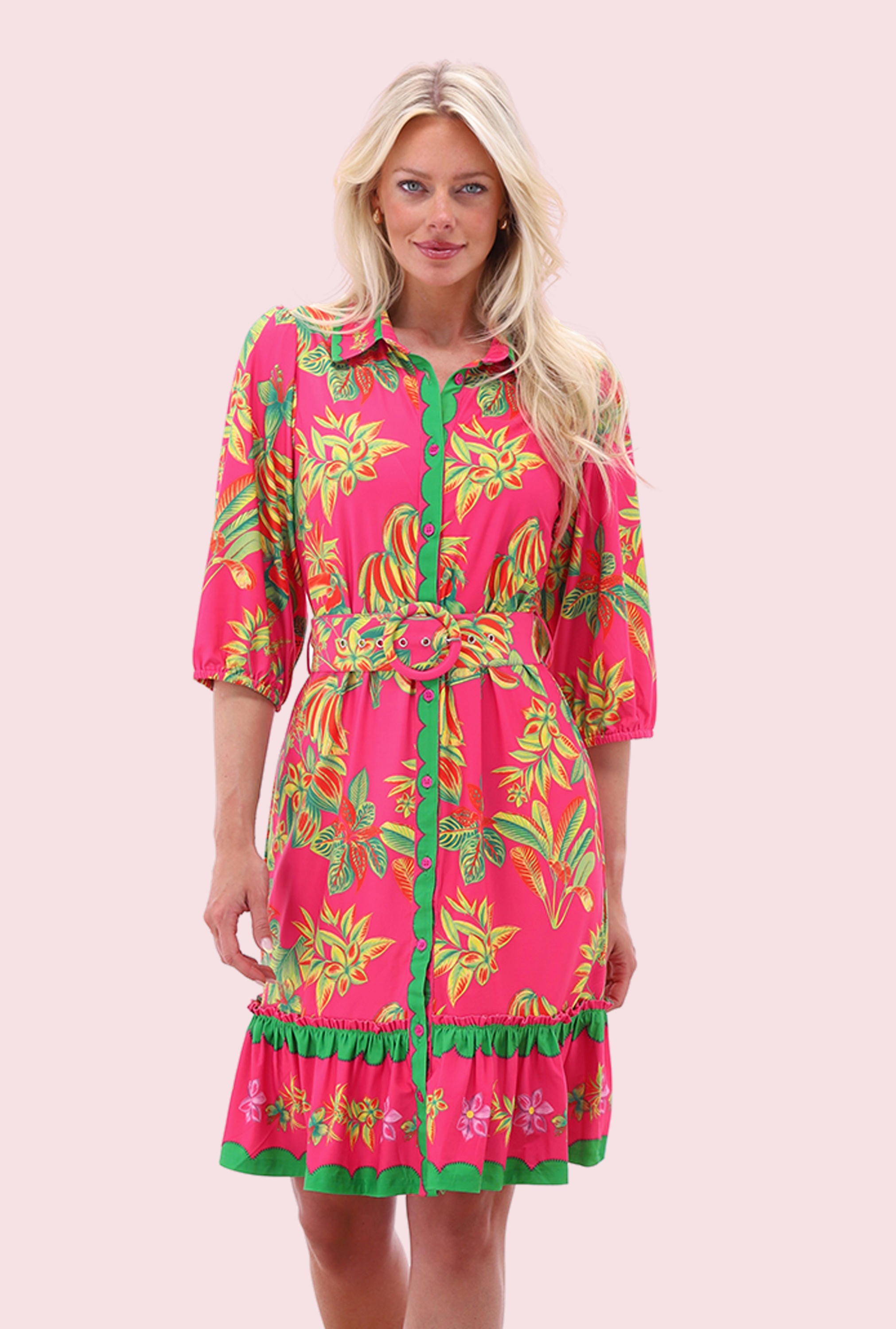 K-Design - Tropicana Paradise a-lijn jurk in neonroze en multi