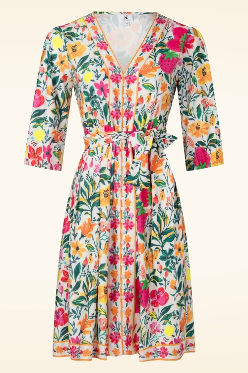 K-Design - Tutti Frutti Garden a-lijn jurk in gebroken wit en multi 2