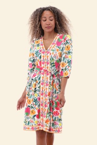 K-Design - Tutti Frutti Garden a-lijn jurk in gebroken wit en multi