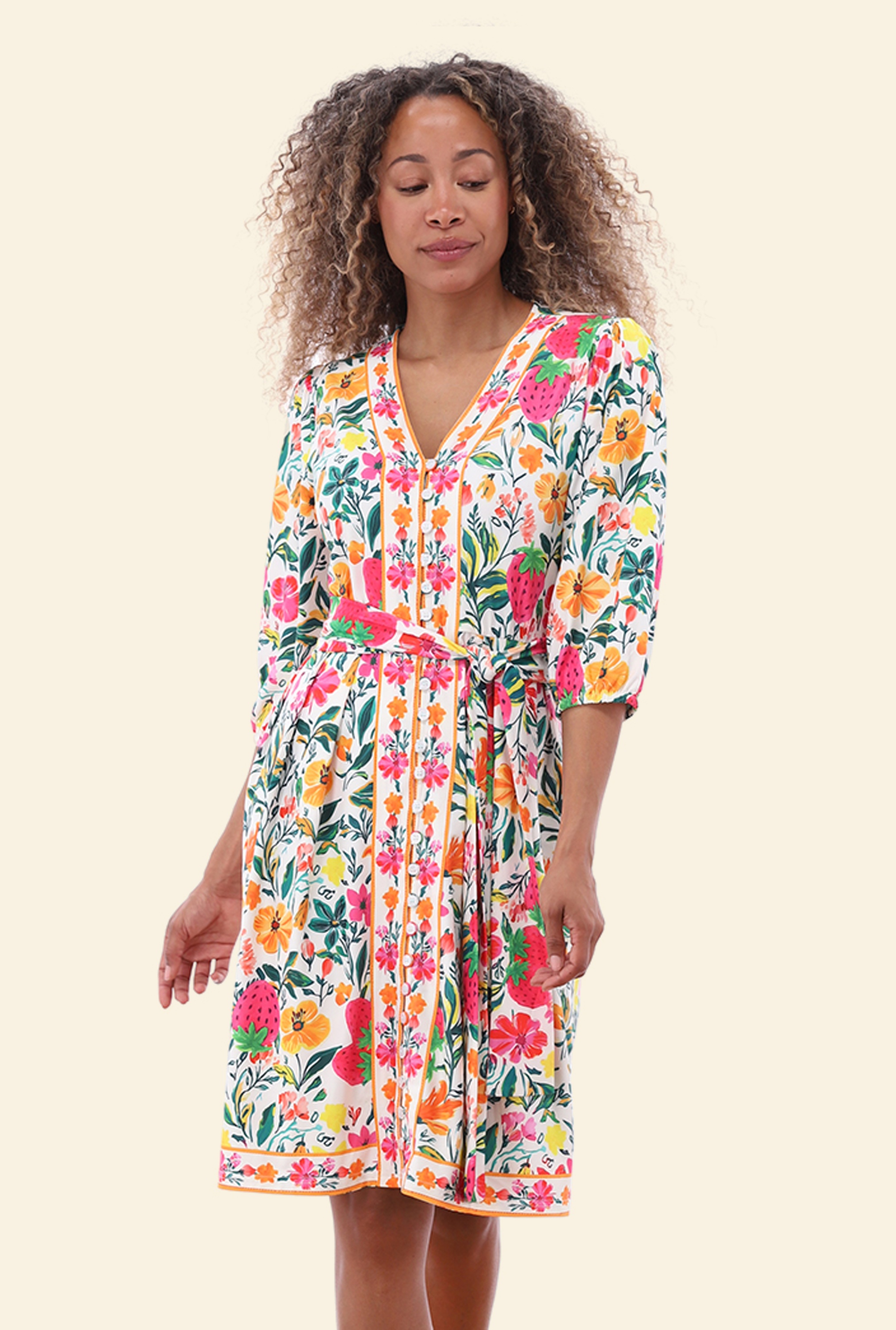 K-Design - Tutti Frutti Garden a-lijn jurk in gebroken wit en multi