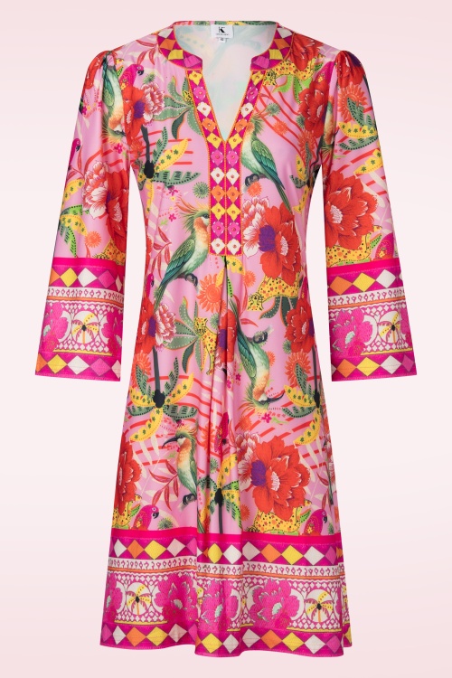 K-Design - Birds of Paradise a-lijn jurk in roze en multi 2