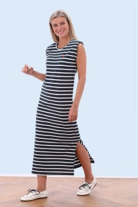 You’re My Lobster by K-design - Marina Stripe katoenen maxi jurk in marineblauw en wit