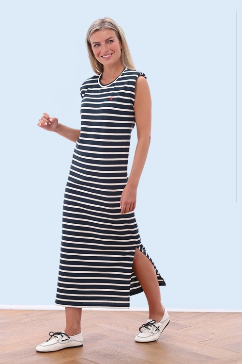 You’re My Lobster by K-design - Marina Stripe katoenen maxi jurk in marineblauw en wit