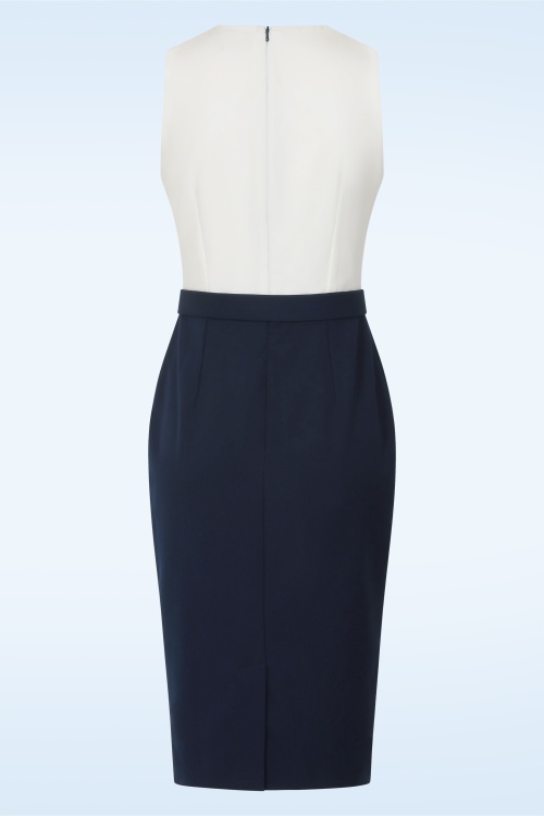 Glamour Bunny Business Babe - Topvintage exclusive ~ Nadine pencil jurk in wit en marineblauw 4