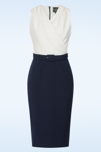 Glamour Bunny Business Babe - Topvintage exclusive ~ Nadine pencil jurk in wit en marineblauw 2
