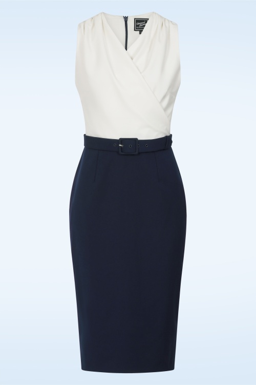 Glamour Bunny Business Babe - Topvintage exclusive ~ Nadine pencil jurk in wit en marineblauw 2