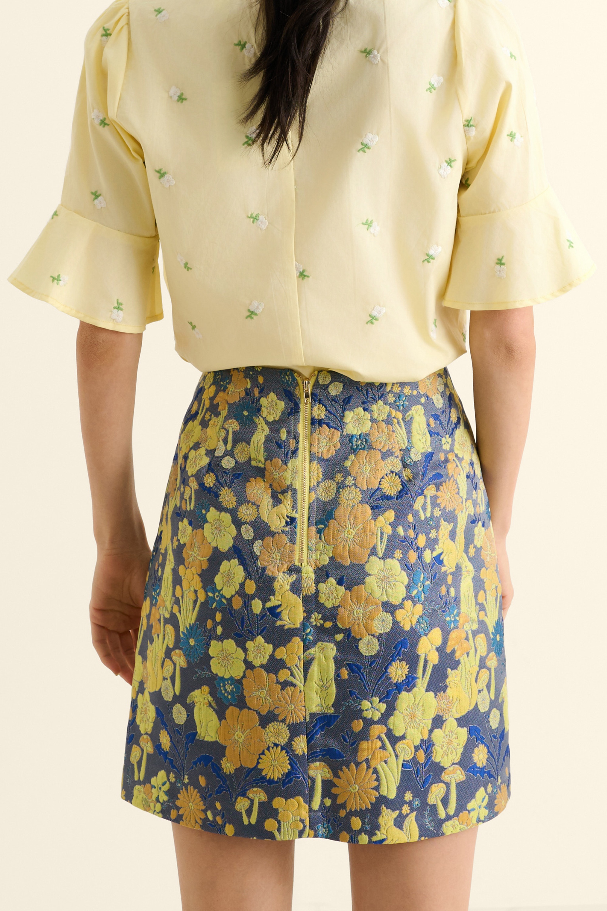 Louche - Aubin Fairytale Jacquard mini rok in blauw en geel 3