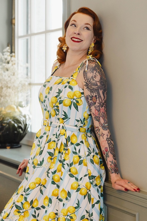 Banned Retro - June Lemon and Stripes katoenen swing jurk in wit