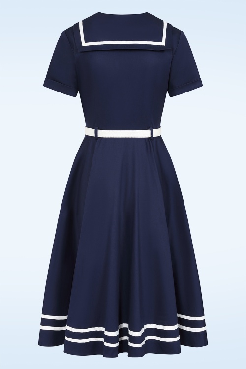 Banned Retro - Ambra Nautical swing jurk in marineblauw 5