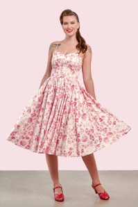 Banned Retro - Jeanie Tea Garden swing jurk in crème en rood