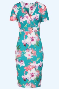 Vintage Chic for Topvintage - Topvintage exclusive ~ Rita Floral pencil jurk in teal en multi 2