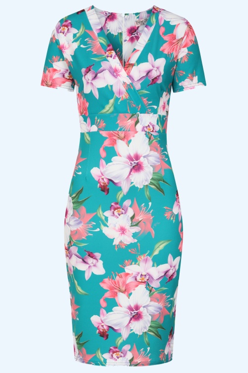 Vintage Chic for Topvintage - Topvintage exclusive ~ Rita Floral pencil jurk in teal en multi 2