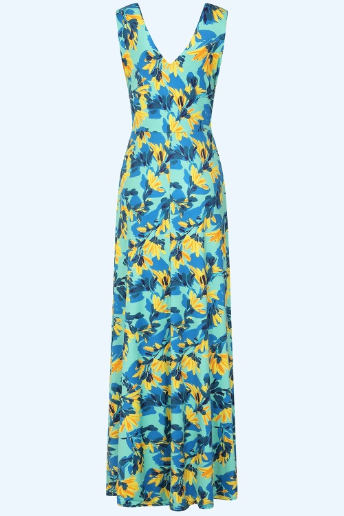 Vintage Chic for Topvintage - Topvintage exclusive ~ Deveny Floral maxi jurk in blauw en geel 3