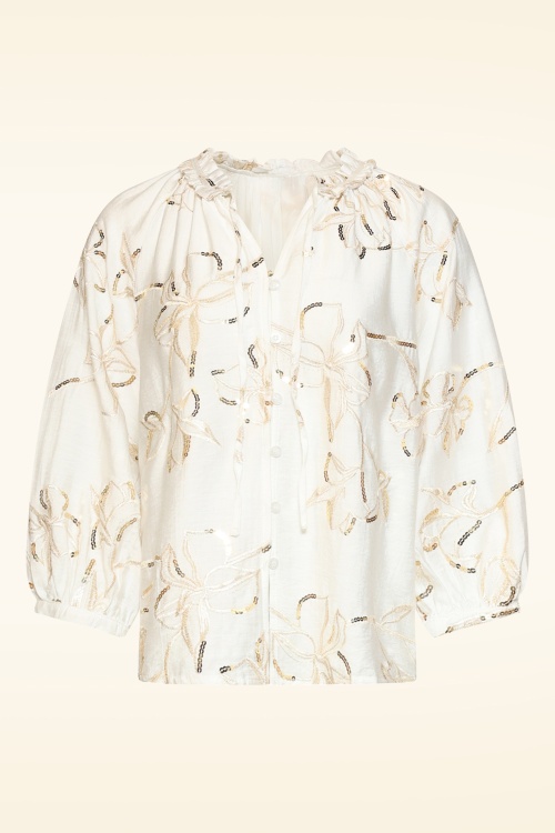 Smashed Lemon - Golden Sparkle Bloom geborduurde blouse in gebroken wit 2