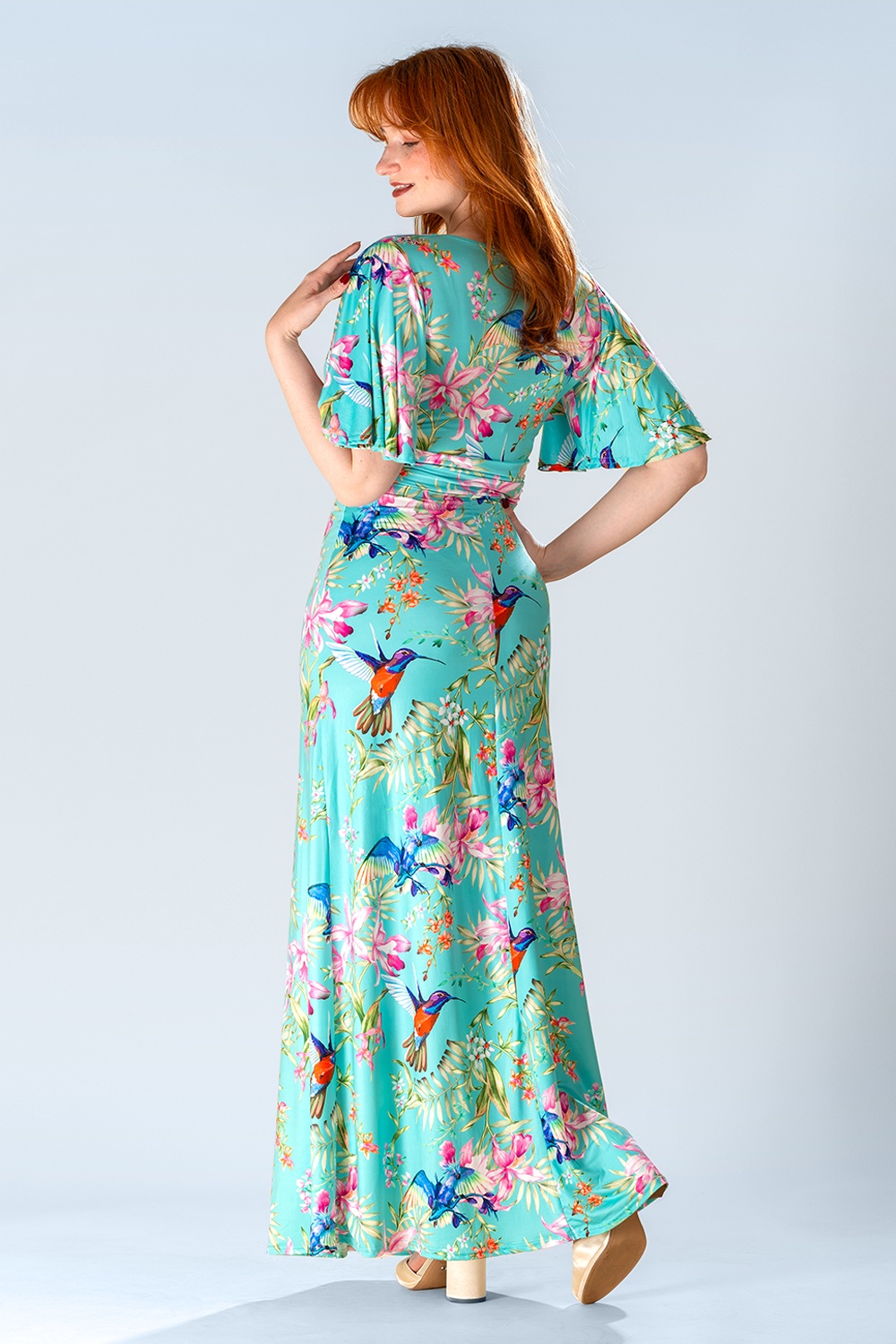 Vintage Chic for Topvintage - Topvintage exclusive ~ Clara floral kolibrie maxi jurk in turquoise 3