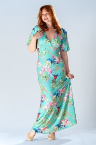 Vintage Chic for Topvintage - Topvintage exclusive ~ Clara floral kolibrie maxi jurk in turquoise