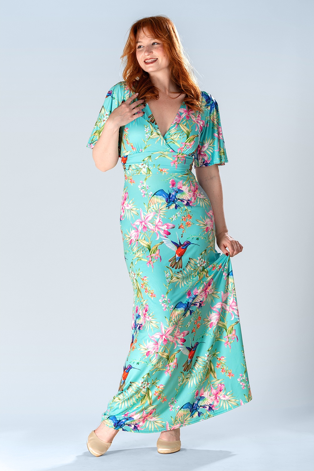Vintage Chic for Topvintage - Topvintage exclusive ~ Clara floral kolibrie maxi jurk in turquoise
