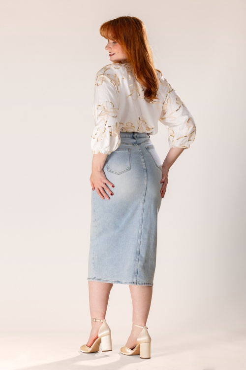 Smashed Lemon - The Cali Denim midi rok in lichtblauw 4