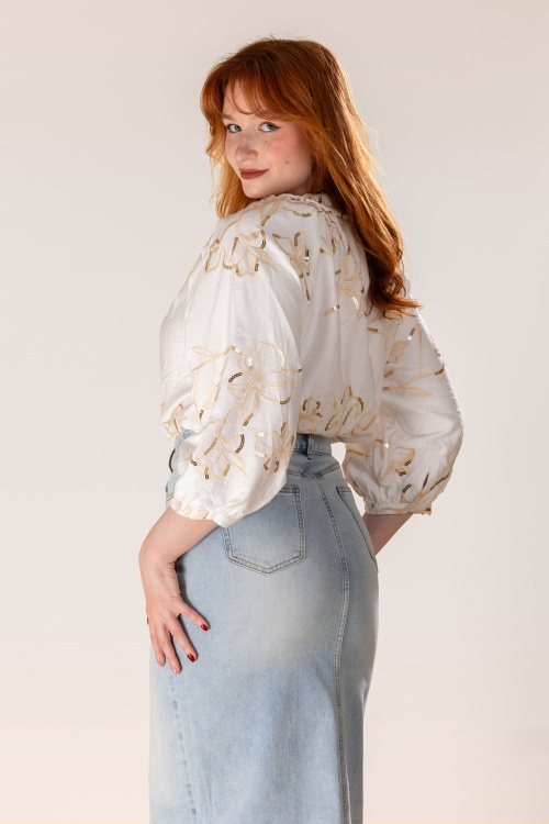 Smashed Lemon - Golden Sparkle Bloom geborduurde blouse in gebroken wit 6
