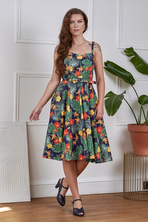 Banned Retro - Morena Tropical Summer swing jurk in marineblauw en multi