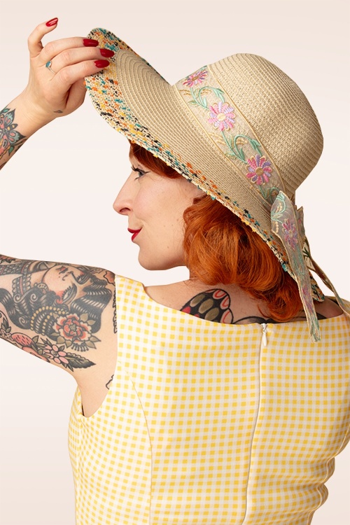 Banned Retro - Pastel Meadow zonnehoed in lichtbeige en multi