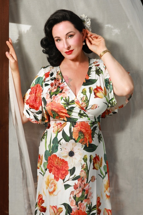 Vintage Chic for Topvintage - Topvintage exclusive ~ Scarlet Floral Slinky maxi jurk in gebroken wit 2