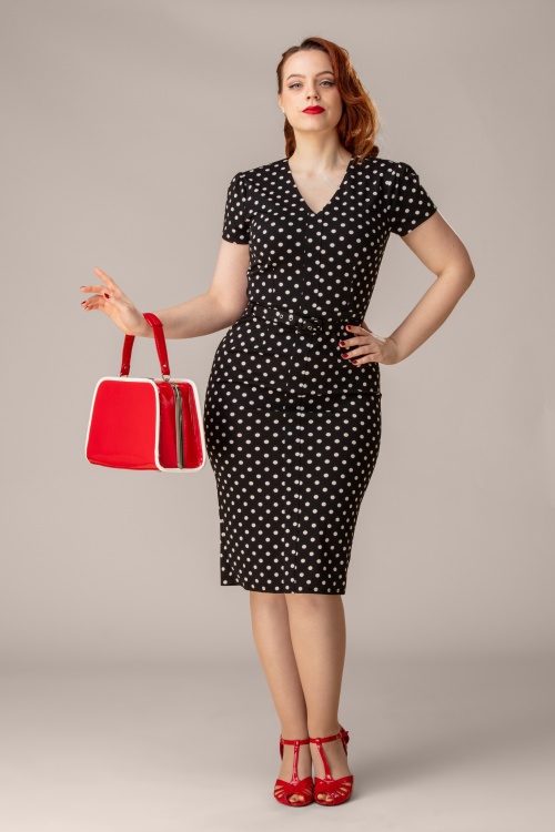 Rock-a-Booty - Topvintage exclusive ~ Fleur polkadot pencil jurk in zwart en wit