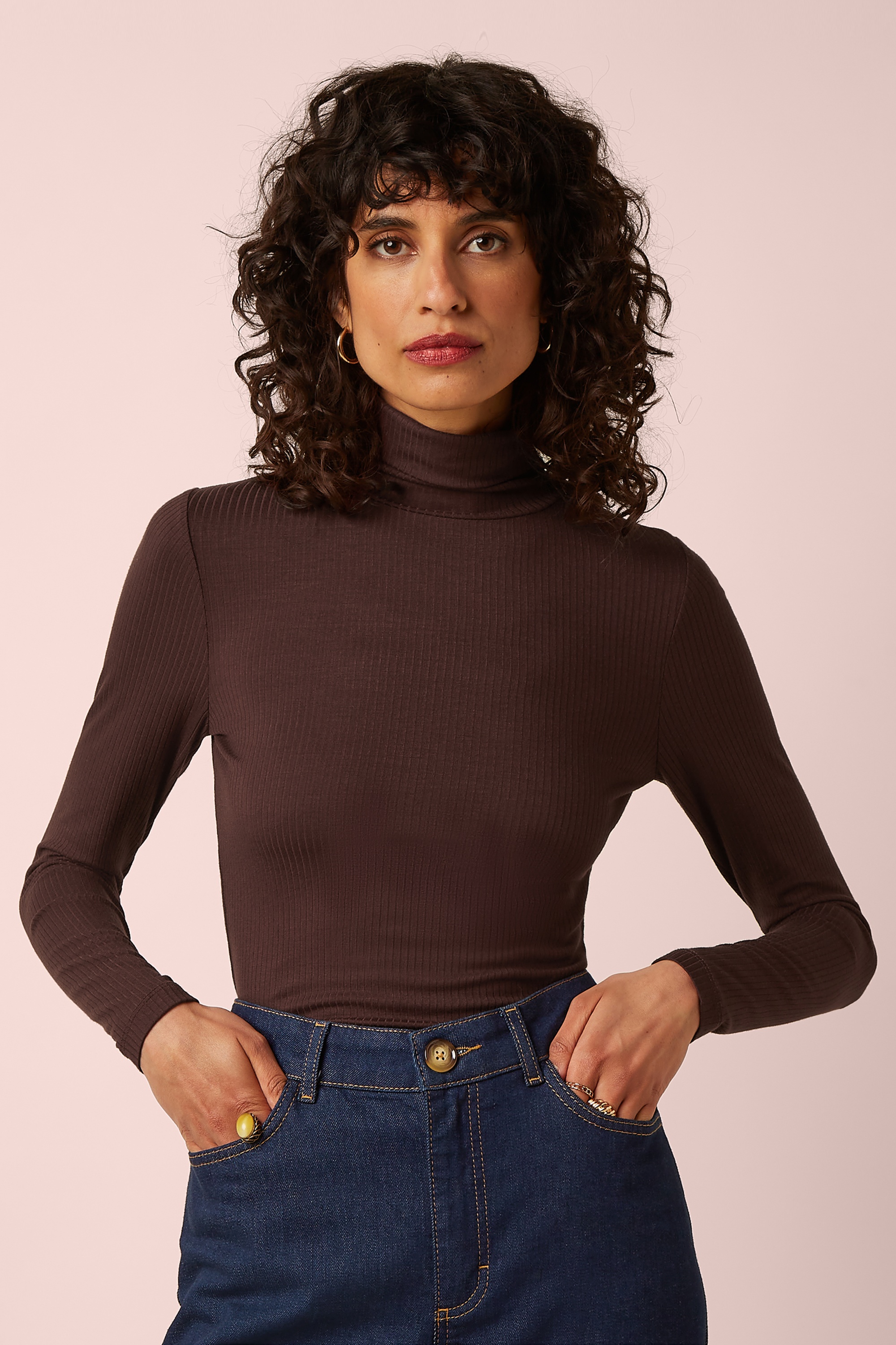 King Louie - Rollneck Uni Rib Top in Chocolate