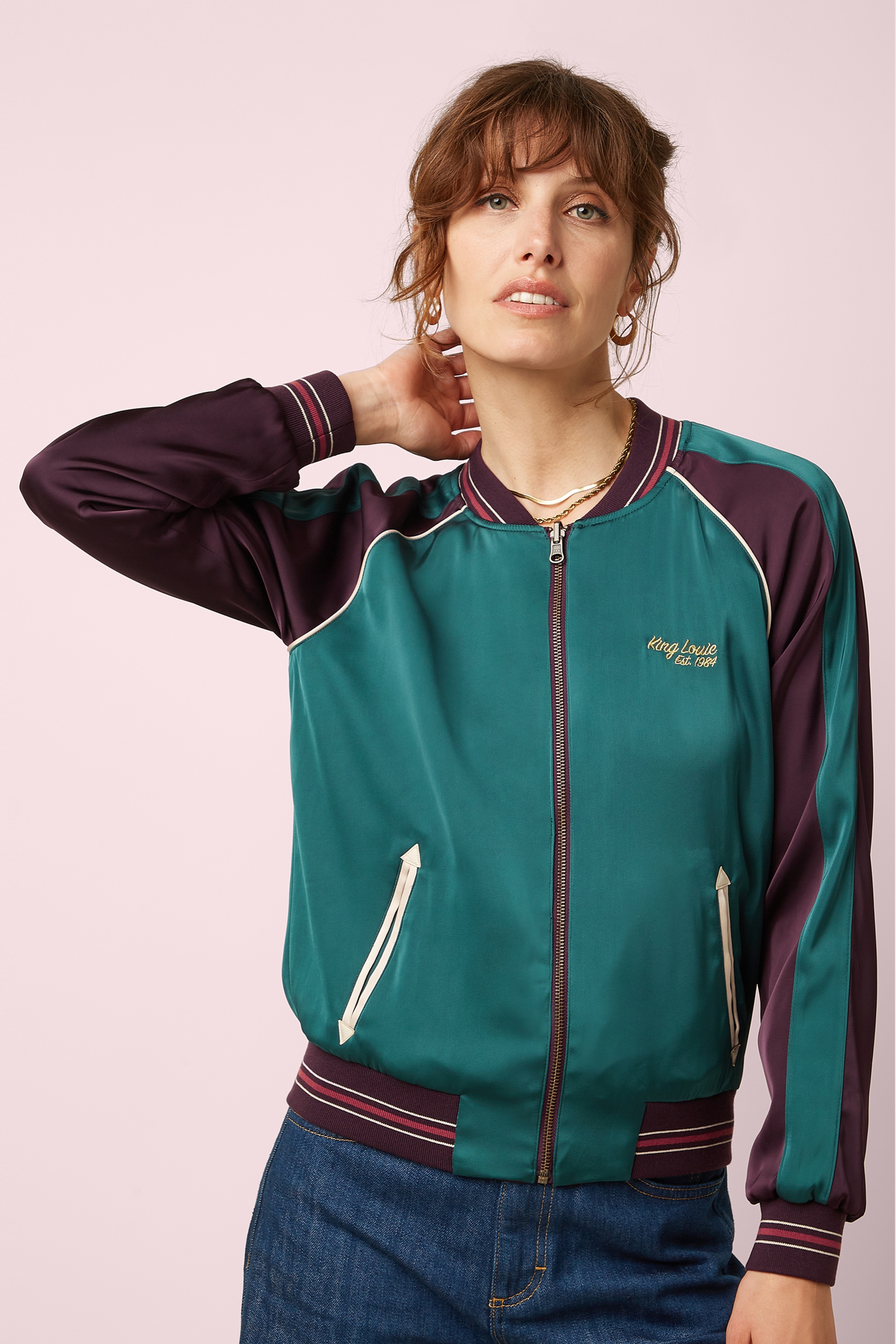 King Louie - Reversible Dusk Satin Bomber Jacket in Grape Red 7