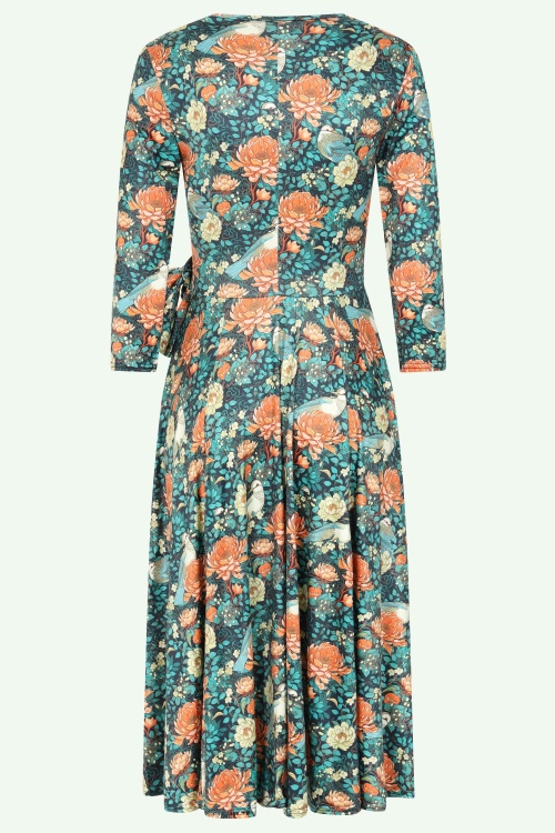 Vintage Chic for Topvintage - Exclusivité Topvintage  ~ Robe évasée fleurie Aria en bleu marine et orange 2