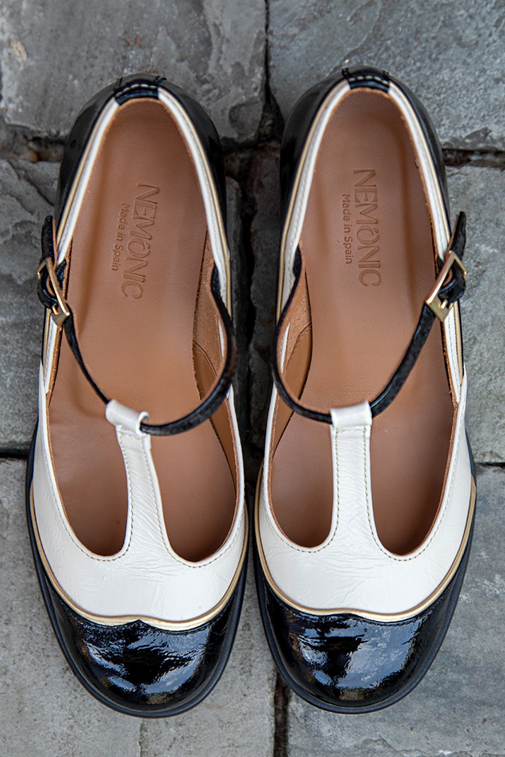 Nemonic - Juliet T-strap Pumps in Black and White 4