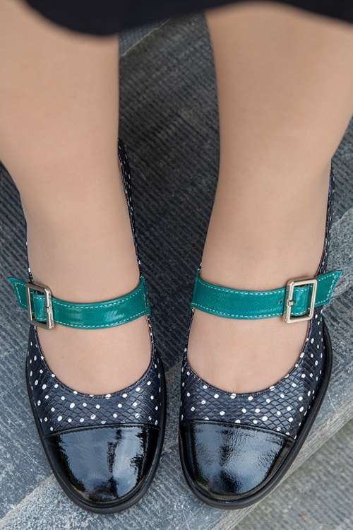 Nemonic - Julie Mary Jane Dotted Pumps in Black and Teal 2