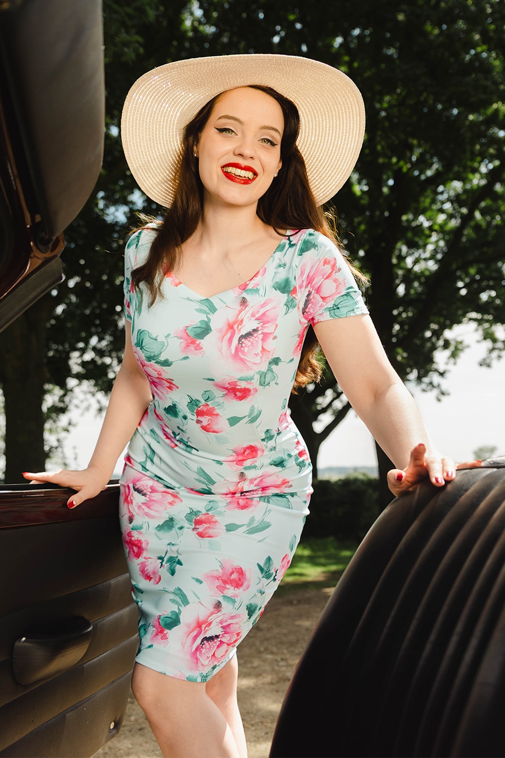 Vintage Chic for Topvintage - Exklusiv bei Topvintage ~ Sweet Peony Bleistiftkleid in Mint und Rosa