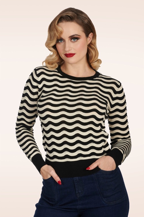 Banned Retro - Sweet Stripes Pullover in Black and Cream 2