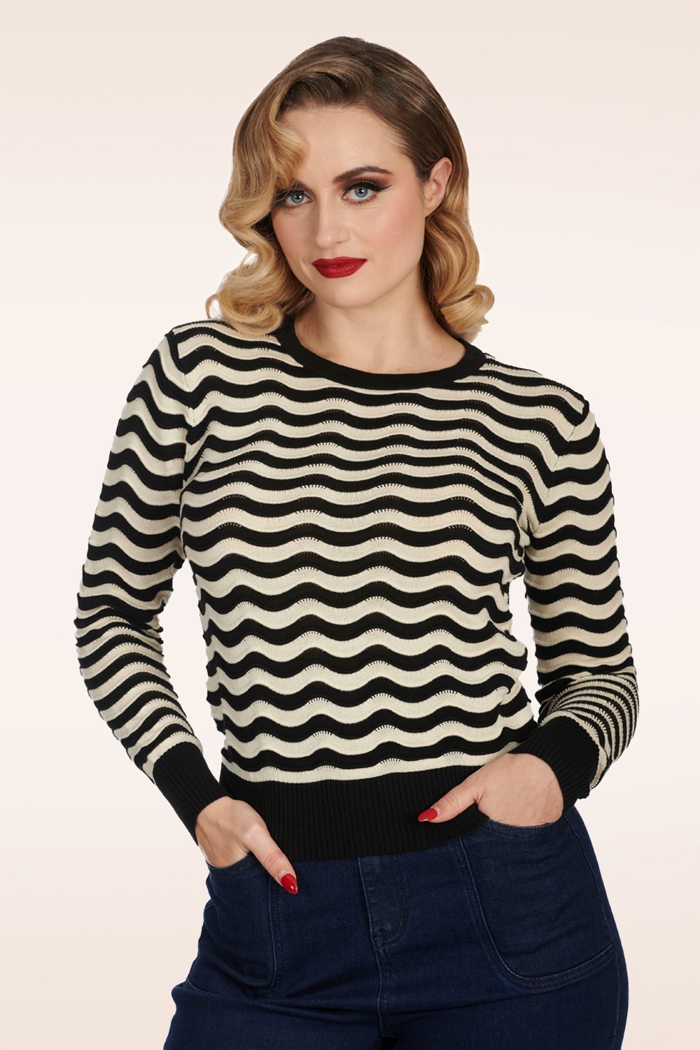Banned Retro - Sweet Stripes Pullover in Black and Cream 2