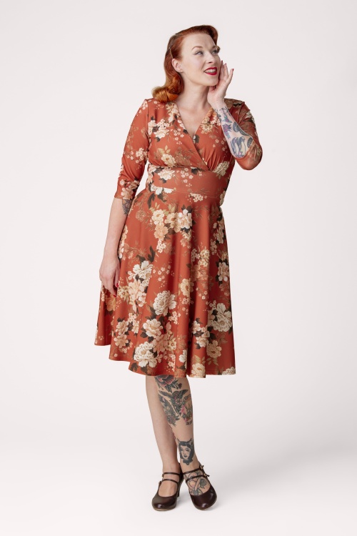 Vintage Chic for Topvintage - Topvintage exclusive ~ Caroline Oriental Floral swing jurk in roestoranje