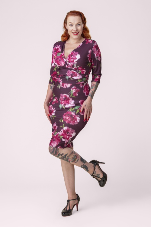Vintage Chic for Topvintage - Topvintage exclusive ~Nehla Blurred Floral Pencil Dress in Purple