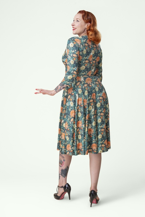 Vintage Chic for Topvintage - Exklusiv bei Topvintage ~ Aria Florales Swingkleid in Marineblau und Orange 4