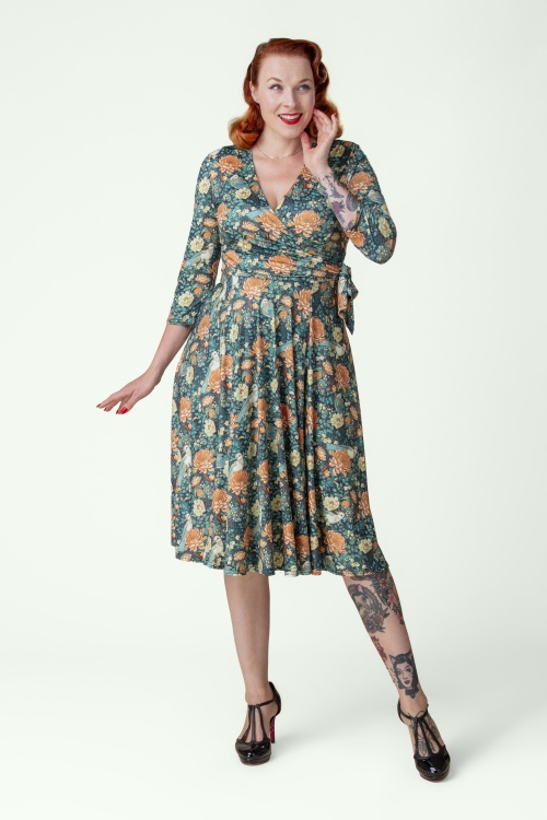 Vintage Chic for Topvintage - Exklusiv bei Topvintage ~ Aria Florales Swingkleid in Marineblau und Orange 2