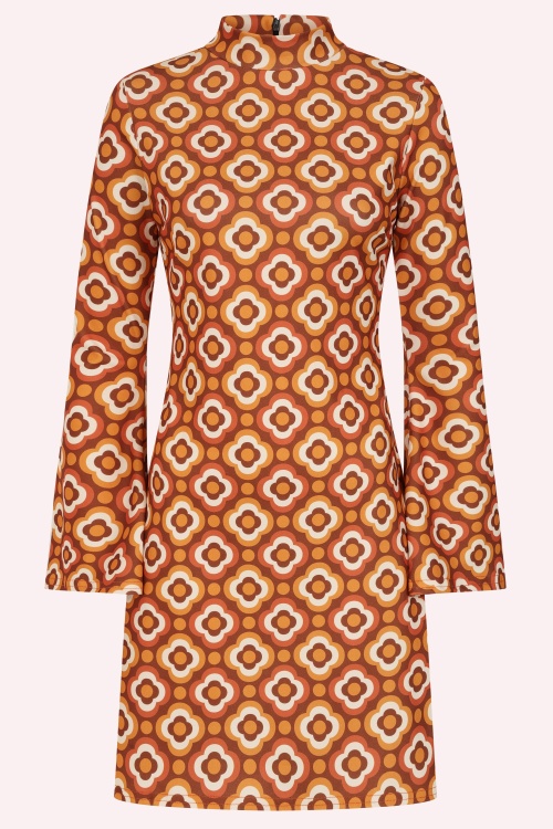 Vintage Chic for Topvintage - Topvintage exclusive ~ Izzy Retro Flower jurk in oranje en bruin