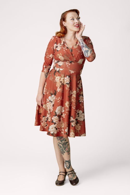 Vintage Chic for Topvintage - Topvintage exclusive ~ Caroline Oriental Floral swing jurk in roestoranje
