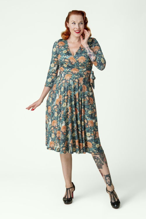 Vintage Chic for Topvintage - Topvintage exclusive ~ Aria Floral swing jurk in navy en oranje 2