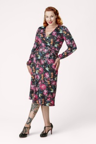 Vintage Chic for Topvintage - Topvintage exclusive ~ Birdy Floral slinky midi jurk in zwart