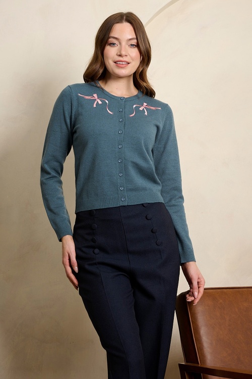 Banned Retro - Angela Bow Cardigan in Teal