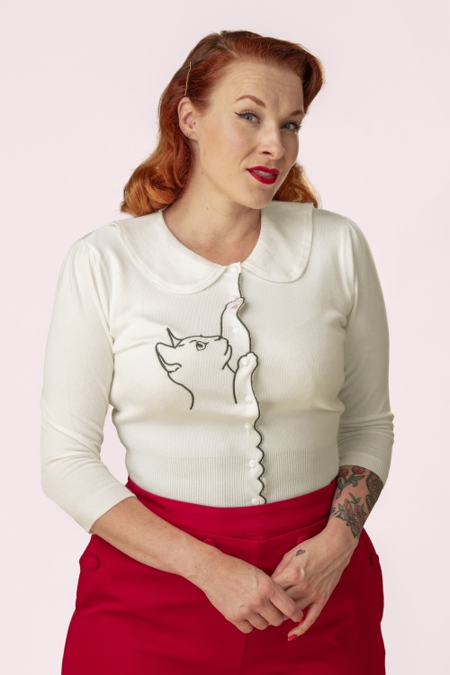 Banned Retro - Gilet Cat Scallop Collar en blanc cassé.