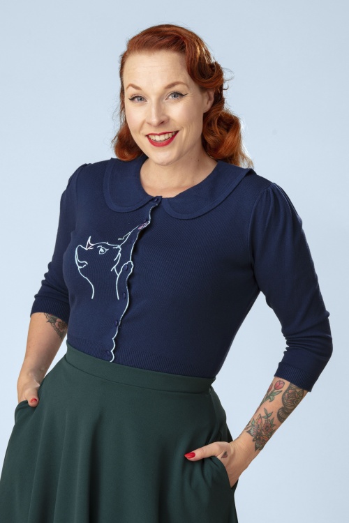 Banned Retro - Cat Scallop Collar cardigan in nachtblauw