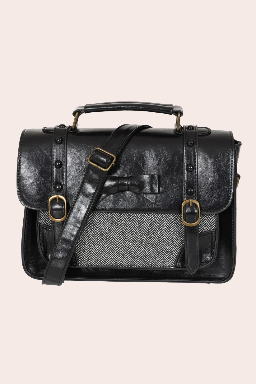 Banned Retro - Herringbone Heirloom Satchel Bag in Black 5