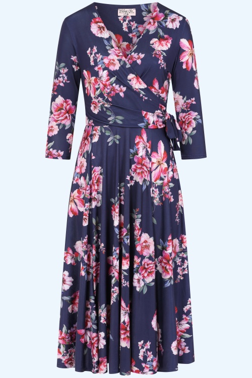 Vintage Chic for Topvintage - Topvintage exclusive ~ Aria Floral swing jurk in navy en roze